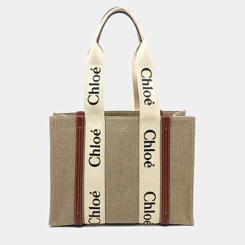 Pre Owned Chloe Beige Brown Fabric Woody Bag Medium