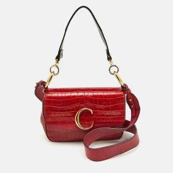 Chloe Red Croc Embossed Leather C Mini Top Handle Bag