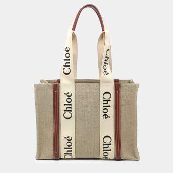 Pre Owned Chloe Beige Linen Woody Bag Medium