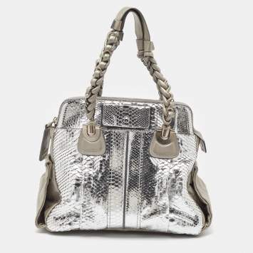 Pre Owned Chloe Metallic Silver/Grey Python and Leather Heloise Satchel