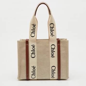 Pre Owned Chloe Beige/Brown Canvas and Leather Medium Woody Tote