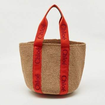 Pre Owned Chloe Beige/Orange Woven Raffia and Canvas Woody Basket Bag