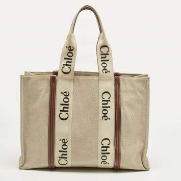 Pre Owned Chloe Beige/Brown Canvas and Leather Large Woody Tote