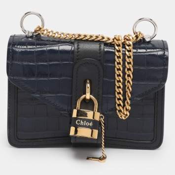Pre Owned Chloé Navy Blue Croc Embossed Leather Mini Aby Shoulder Bag