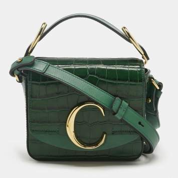 Pre Owned Chloe Green Croc Embossed Leather C Mini Crossbody Bag