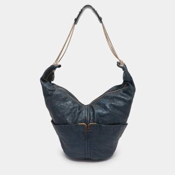 Pre Owned Chloe Metallic Blue Leather Milton Triple Chain Hobo
