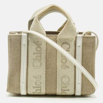 Pre Owned Chloe White/Beige Canvas Mini Woody Tote