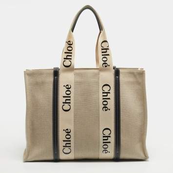 Pre Owned Chloe Beige/Black Canvas and Leather Large Woody Tote