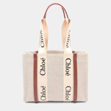 Pre Owned حقيبة يد توتس كلوي وودي جلد كانفاس بنية بيج متوسطة