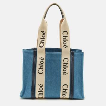 مملوكة مسبقًا Chloé Woody Medium Blue Denim and Leather Tote