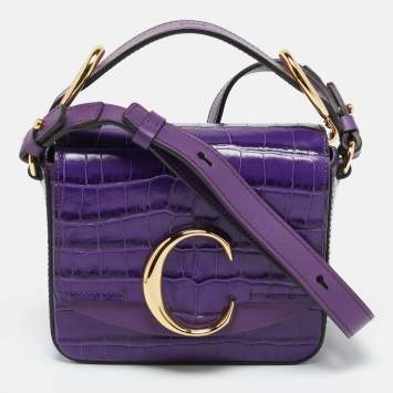 Pre Owned Chloe C Mini Purple Croc Embossed Leather Crossbody Bag