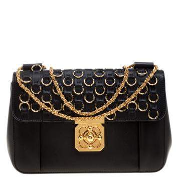 Pre Owned Chloe Black Leather Medium Elsie Ring Embellished Shoulder Bag