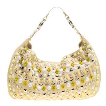Pre Owned Chloe Beige Canvas and Leather Beads Embellished Hobo