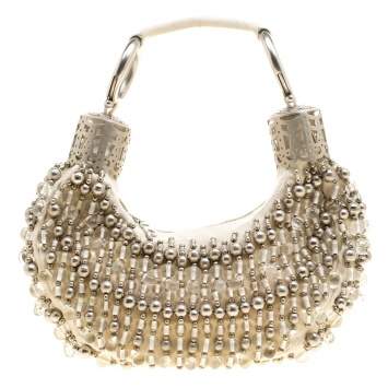 Pre Owned Chloe Off White Canvas Beaded Embellished Crescent Hobo