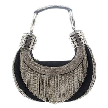 Pre Owned Chloe Black Chain Embellished Canvas Crescent Hobo