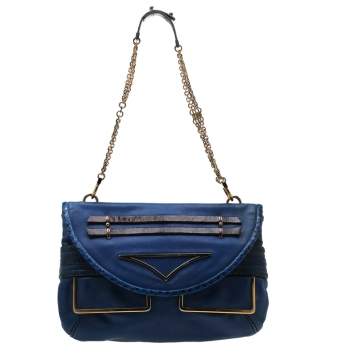 Pre Owned Chloe Blue Leather and Python Trim Flap Shoulder Bag