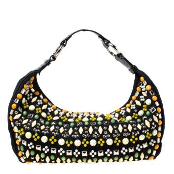Pre Owned Chloe Black Canvas and Leather Beads Embellished Hobo