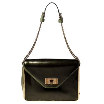 Pre Owned Chloe Olive Green Leather and Patent Leather Medium Sally Flap Shoulder Bag