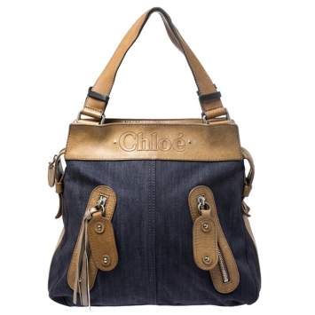 Pre Owned Chloe Blue/Brown Denim and Leather Double Zip Pocket Hobo