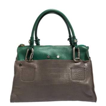 مملوكة مسبقًا Chloe Grey/Green Croc Embossed Leather Buckle Handle Satchel