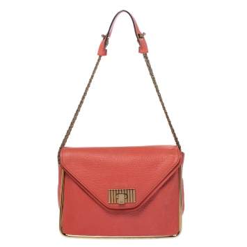 Pre Owned Chloe Coral Orange Leather Medium Sally Flap Shoulder Bag