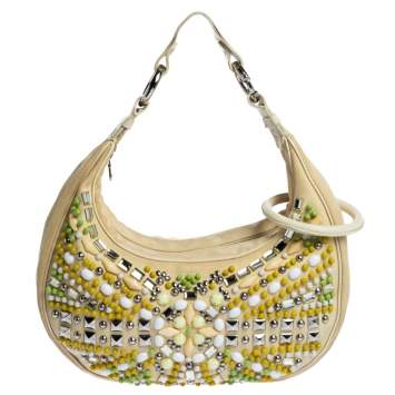 Pre Owned Chloe Light Beige Canvas and Leather Crystal Embellished Crescent Hobo