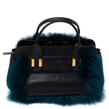 Pre Owned Chloe Black/Teal Leather and Faux Fur Alice Tote