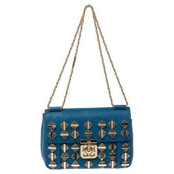Pre Owned Chloe Blue Leather Medium Crystal Embellished Elsie Shoulder Bag
