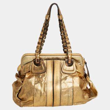 Pre Owned Chloé Metallic Gold Embossed Leather Heloise Satchel