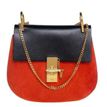 Pre Owned Chloe Black/Orange Leather and Suede Medium Drew Shoulder Bag