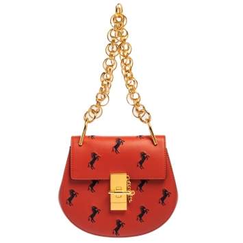 Pre Owned Chloe Red Embroidered Horses Leather Small Drew Bijou Crossbody Bag