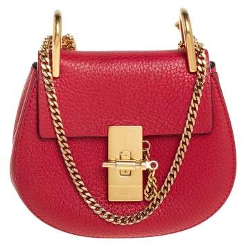 Pre Owned Chloe Red Grained Leather Nano Drew Shoulder Bag