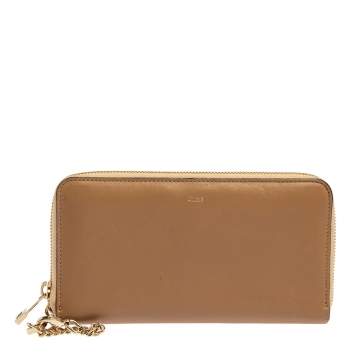 Pre Owned Chloe Beige/Gold Leather Baylee Zip Around Wallet