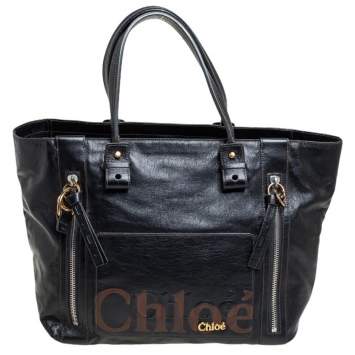 Pre Owned Chloe Black Leather Eclipse Logo Embellished Tote