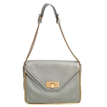 Pre Owned Chloe Grey Pebbled Leather Medium Sally Flap Shoulder Bag