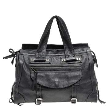 مملوكة مسبقًا Chloé Black-Grey Leather Flap Pocket Satchel