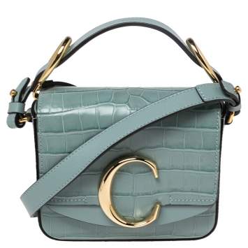 Pre Owned Chloe Blue Croc Embossed Leather Mini C Top Handle Bag
