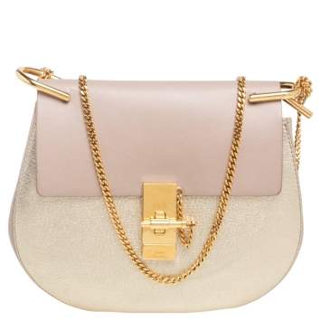 Pre Owned Chloe Beige/Metallic Gold Leather Medium Drew Shoulder Bag
