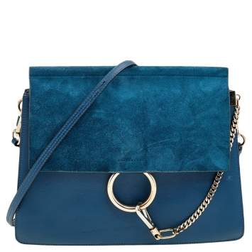 Pre Owned Chloe Blue Leather And Suede Medium Faye Shoulder Bag
