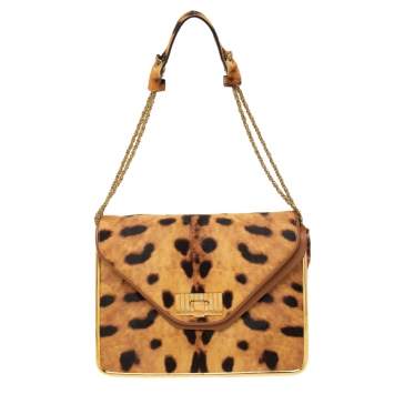 Pre Owned Chloe Brown/Beige Leopard Print Pony Hair And Leather Medium Sally Shoulder Bag