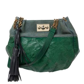 Pre Owned Chloe Green Crinkled Leather and Suede Tassel Chain Hobo 