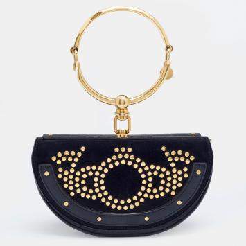 Pre Owned Chloe Navy Blue Leather And Suede Small Nile Bracelet Minaudiere Shoulder Bag