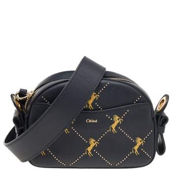 Pre Owned Chloe Black Leather Embroidered Horses Crossbody Bag