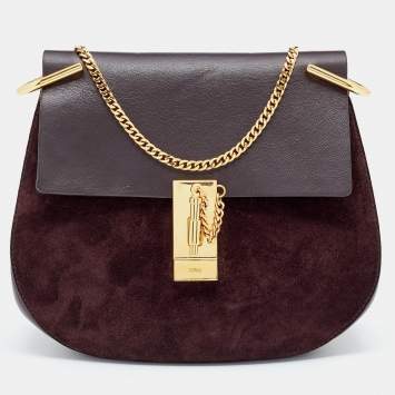 Pre Owned Chloe Dark Burgundy Suede and Leather Medium Drew Shoulder Bag