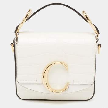 Pre Owned Chloe Off White Croc Embossed Leather Mini C Top Handle Bag
