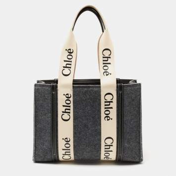 Pre Owned Chloe Grey/Black Wool and Leather Medium Woody Tote