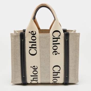 Pre Owned Chloe Beige/Black Canvas and Leather Small Woody Tote
