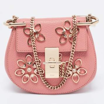 Pre Owned Chloe Pink Leather Nano Flowers Crystal Embellished Drew Shoulder Bag
