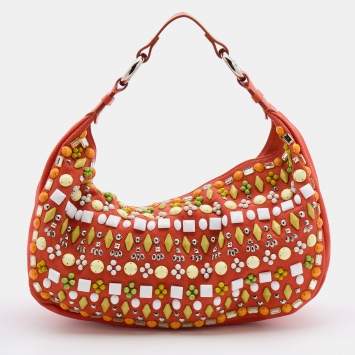 Pre Owned Chloe Orange Canvas Beads Embellished Hobo