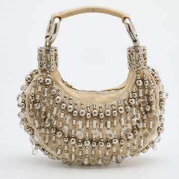 Pre Owned Chloe Off White Canvas Beaded Embellished Crescent Hobo